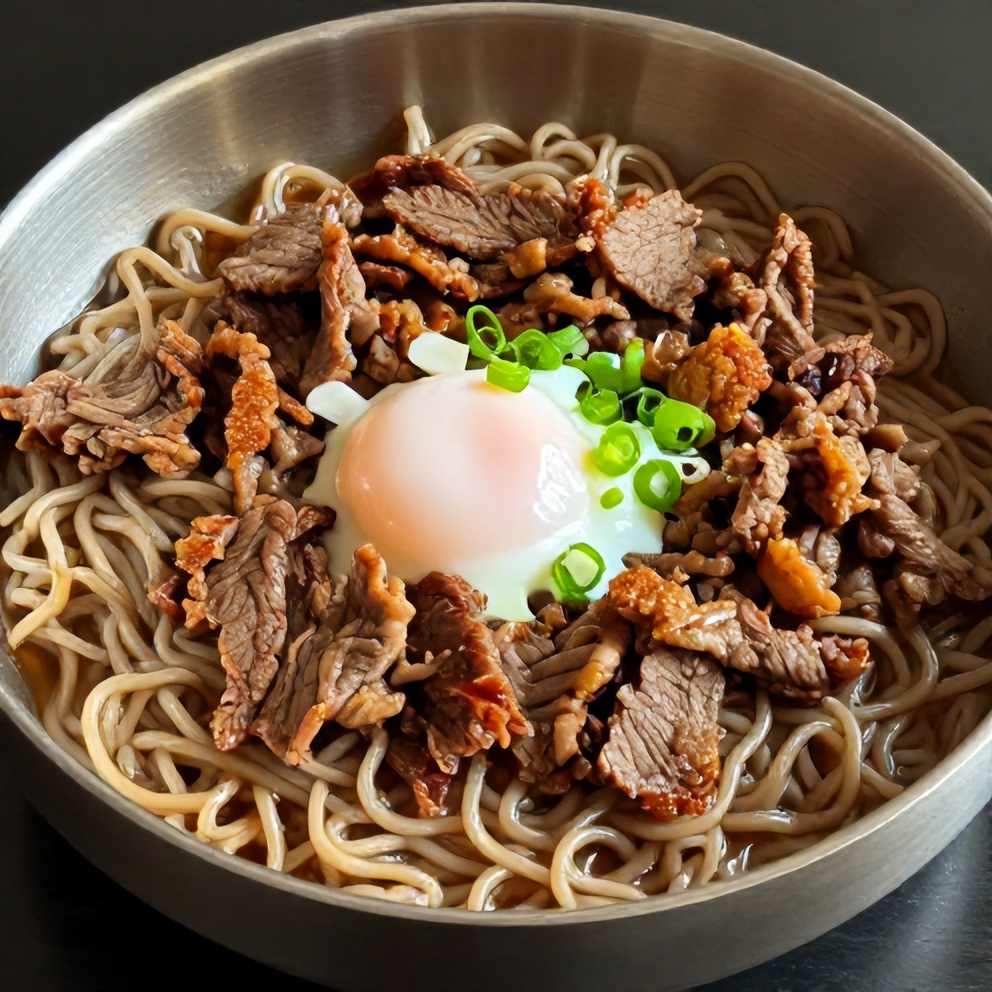 Plated serving of Korean Beef Ramen