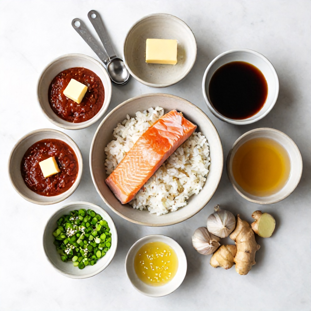 Raw Ingredients for Gochujang Butter Salmon Rice Bowl
