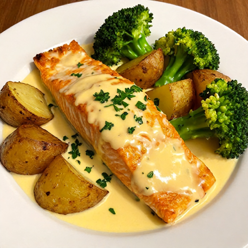 Lemon Butter Salmon with Crispy Potatoes and Broccoli