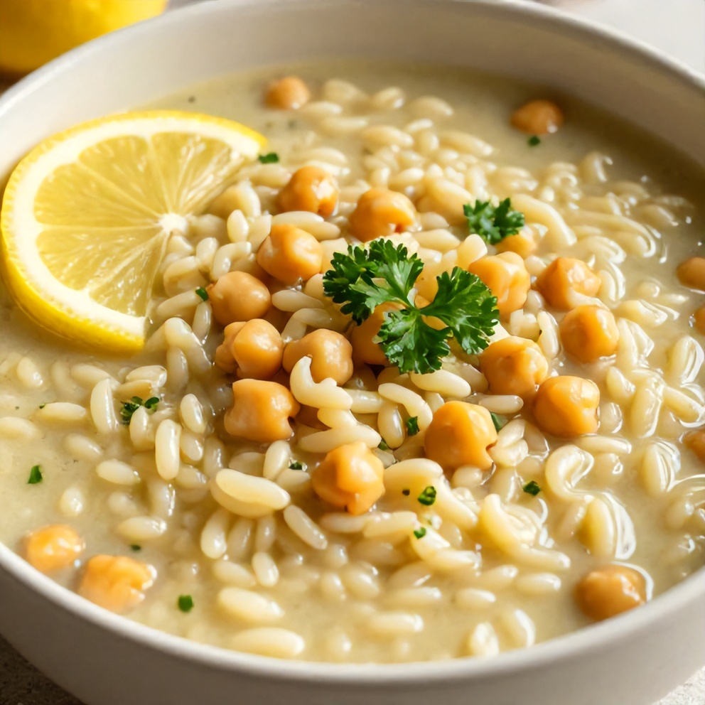 Bowl of Lemon Chickpea Orzo Soup with a lemon slice