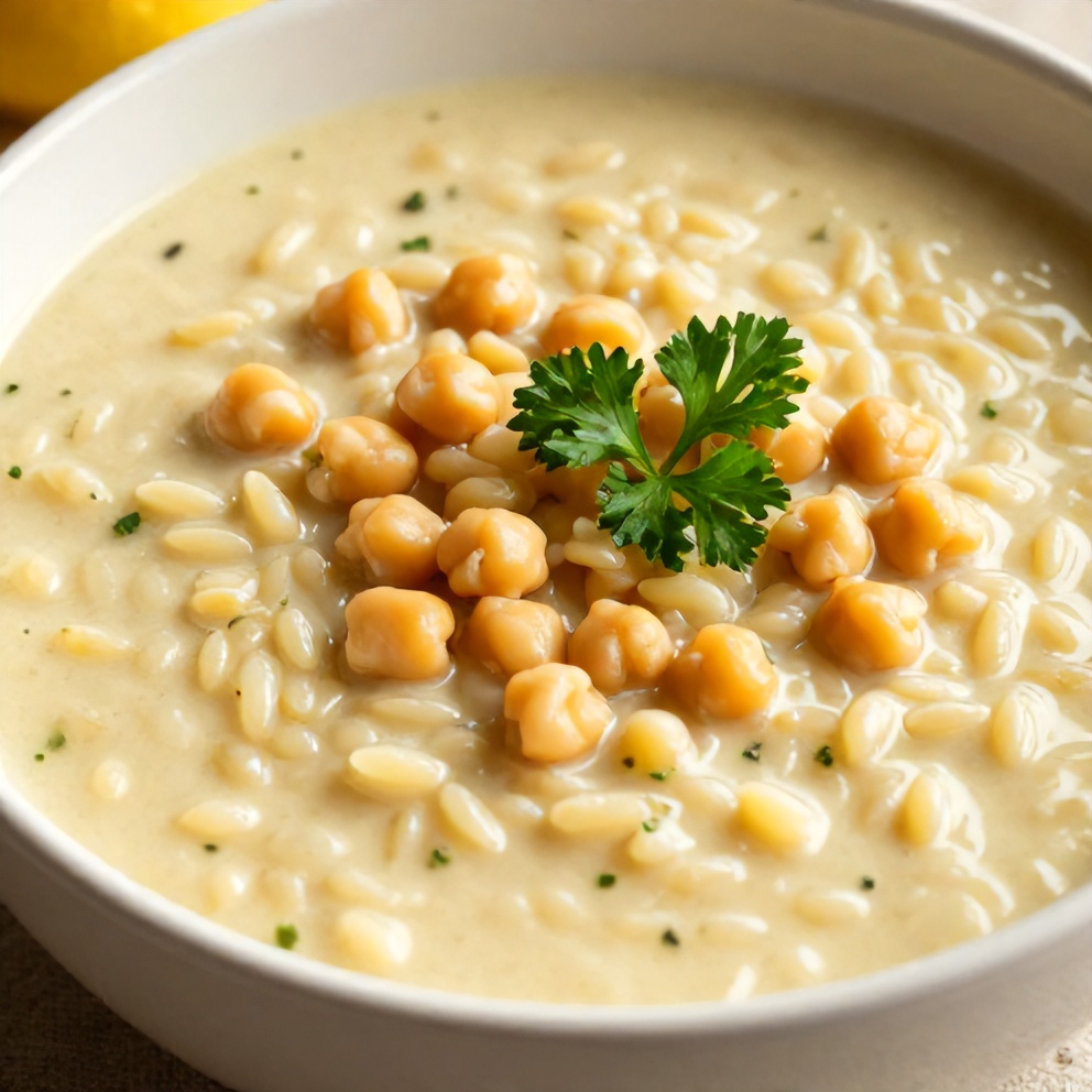One perfect serving of Lemon Chickpea Orzo Soup plated in a bowl, garnished with fresh parsley