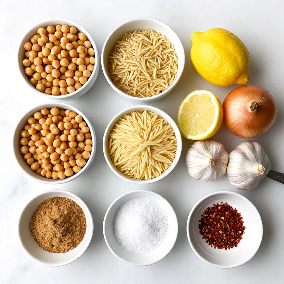 Raw ingredients for Lemon Chickpea Orzo Soup arranged in a flat lay, including chickpeas, orzo, lemon, and garlic