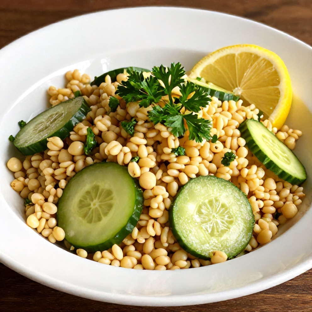 Lemon Cucumber Couscous Salad served in a bowl with a lemon slice