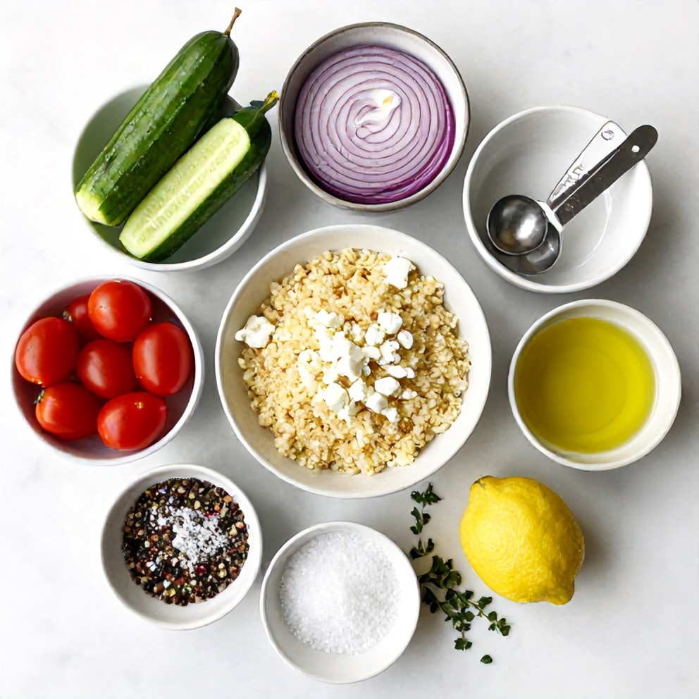 Ingredients for Lemon Cucumber Couscous Salad on a marble surface