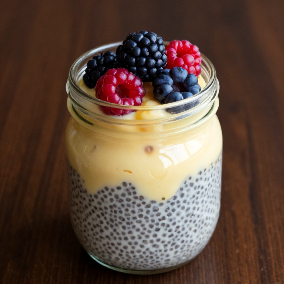 Lemon Curd Chia Pudding served in a glass jar with fresh berries
