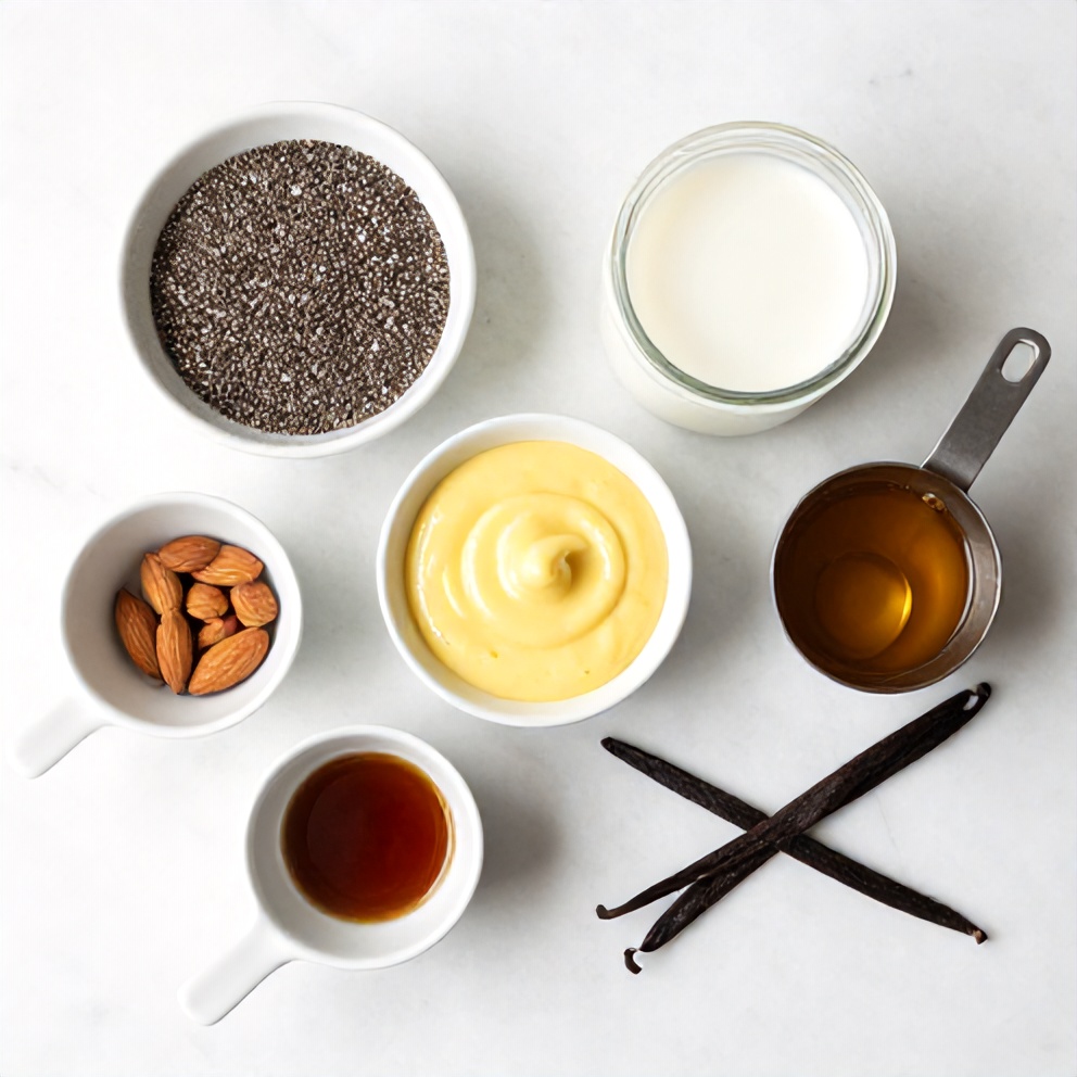 Chia seeds, lemon curd, almond milk, maple syrup, and vanilla extract arranged on a white marble surface