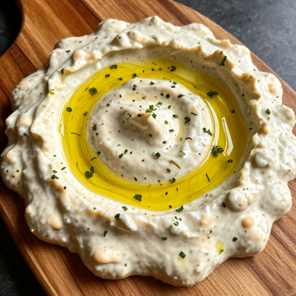 Lemon Herb White Bean Dip served with pita chips on a wooden board