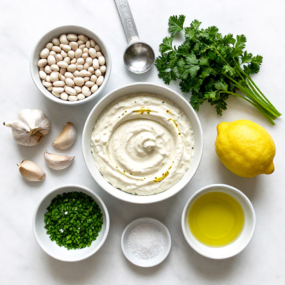 White beans, garlic, lemon, herbs, olive oil, and salt arranged on a white marble surface