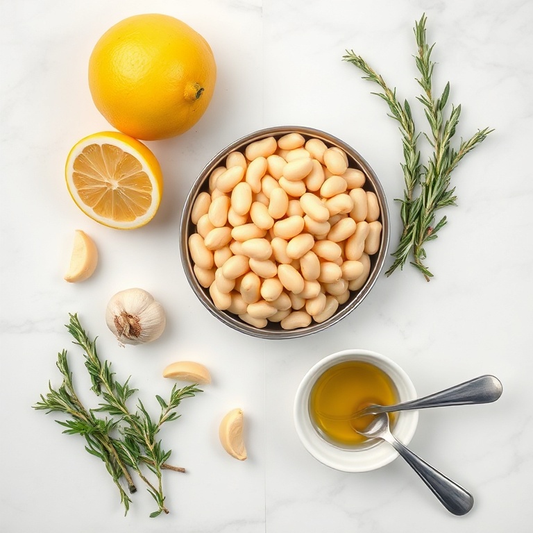 Overhead flat lay of canned cannellini beans, fresh lemon, garlic cloves, fresh rosemary, fresh thyme, small bowl of olive oil, measuring spoons, white marble surface.