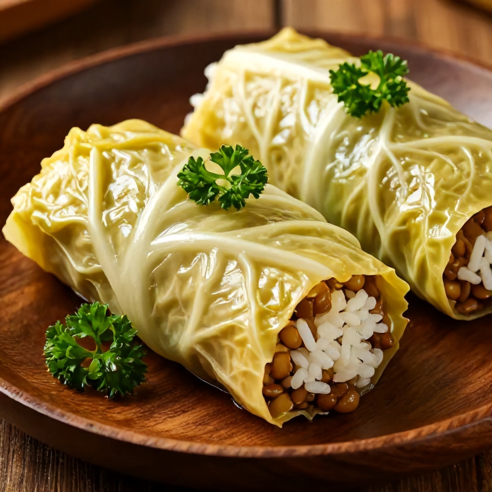 Plated lentil and rice stuffed cabbage rolls
