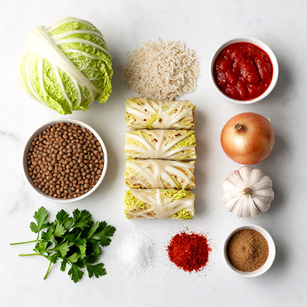 Raw ingredients for lentil and rice stuffed cabbage rolls