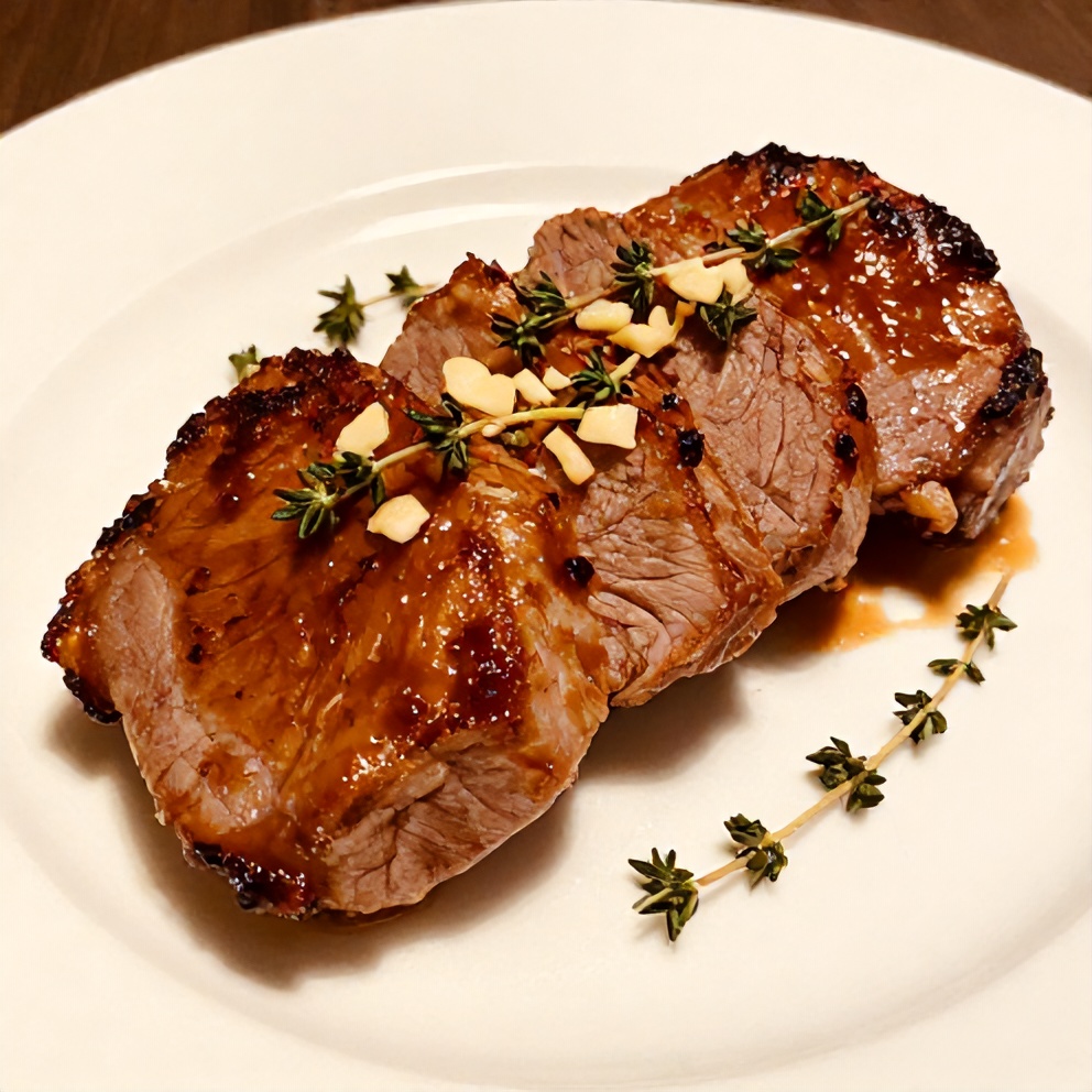 Plated Maple Dijon Pork Tenderloin with herbs