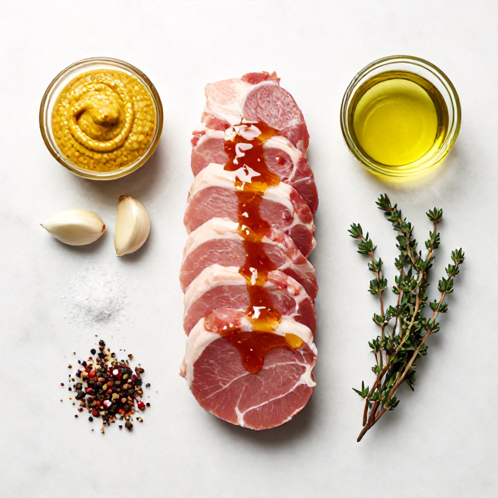 Maple Dijon Pork Tenderloin ingredients on a marble surface