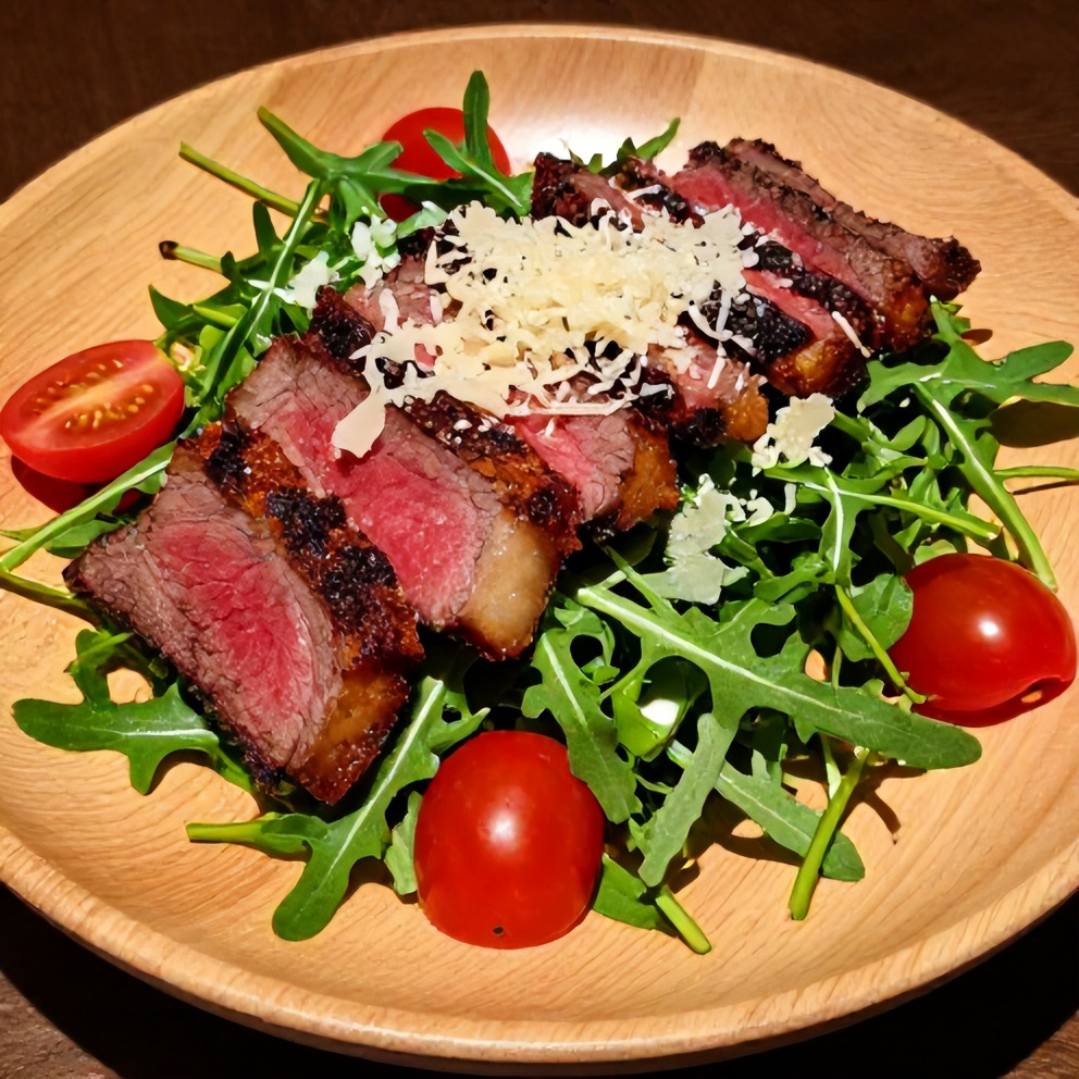 Plated steak and arugula salad ready to eat