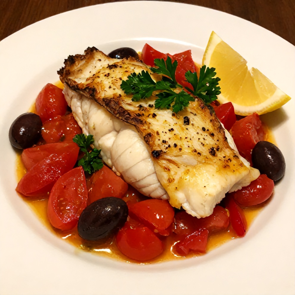 Plated Mediterranean baked cod with tomatoes and olives