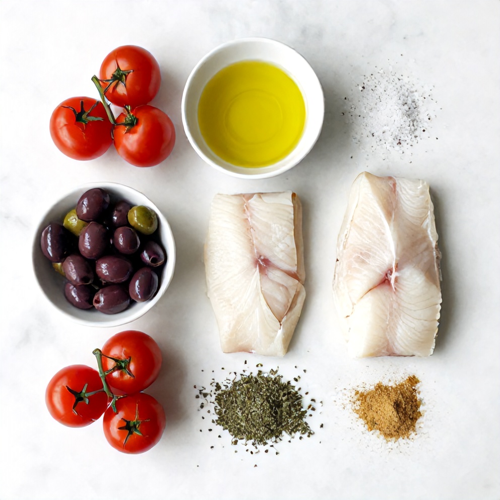 Raw ingredients for Mediterranean baked cod on a marble surface