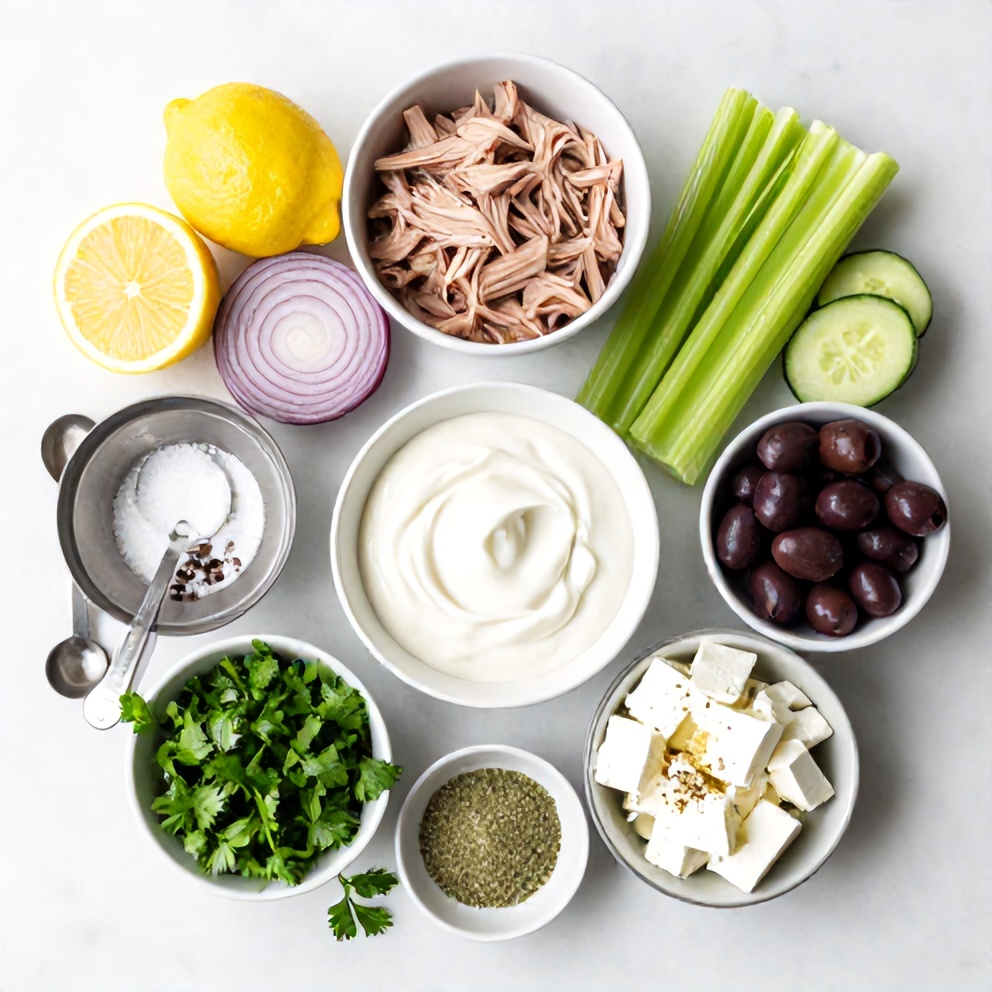 Mediterranean Tuna Salad ingredients on a marble surface