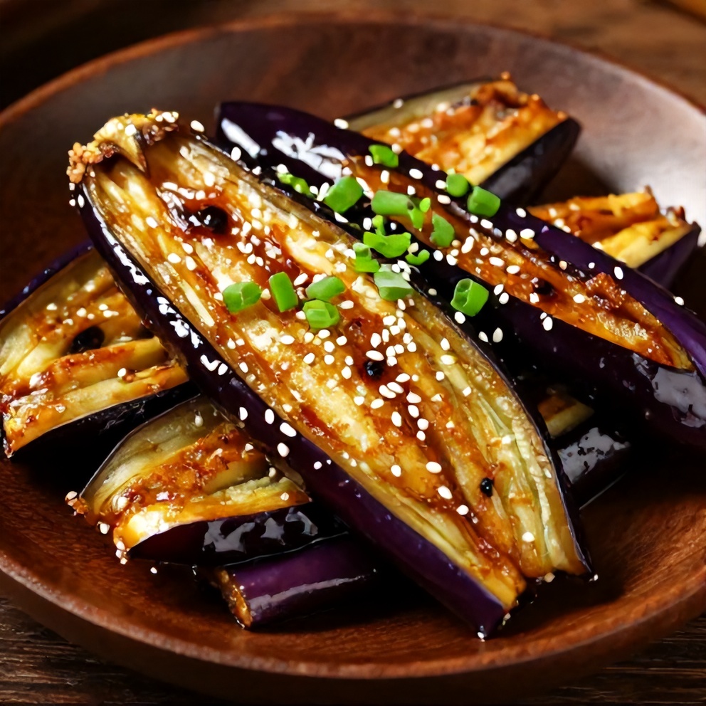 Miso glazed eggplant served on a plate