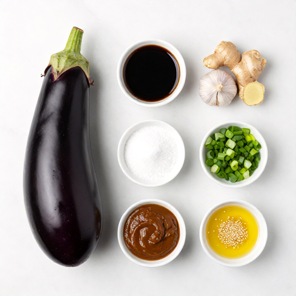 Ingredients for miso glazed eggplant laid out