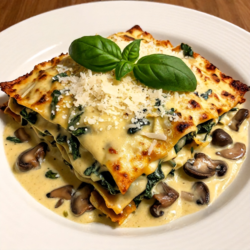 Plated Mushroom Spinach Lasagna