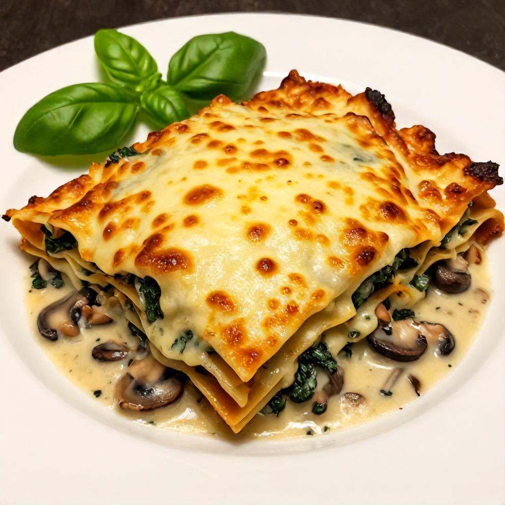 Plated serving of Mushroom Spinach Lasagna with fresh basil