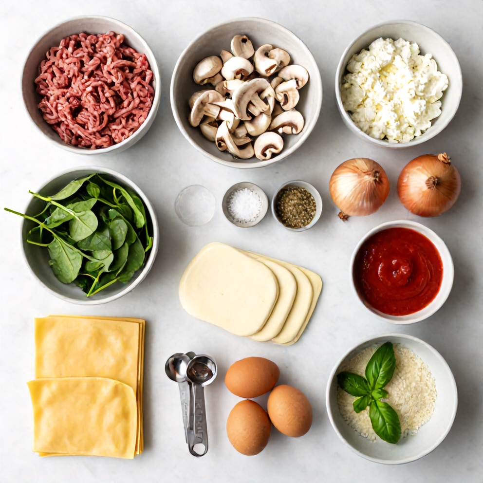 Raw Ingredients for Mushroom Spinach Lasagna