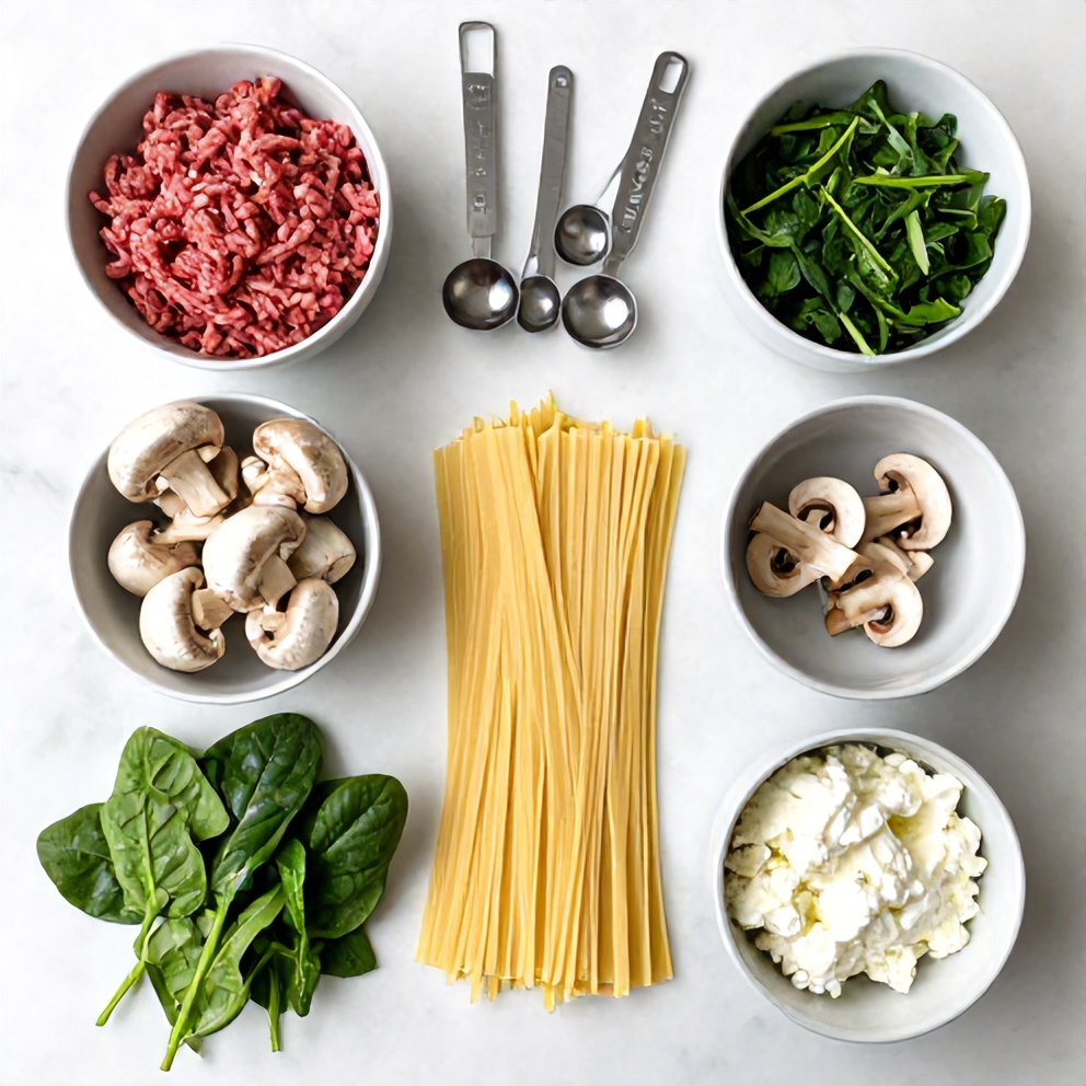 Raw ingredients for Mushroom Spinach Lasagna arranged in a flat lay