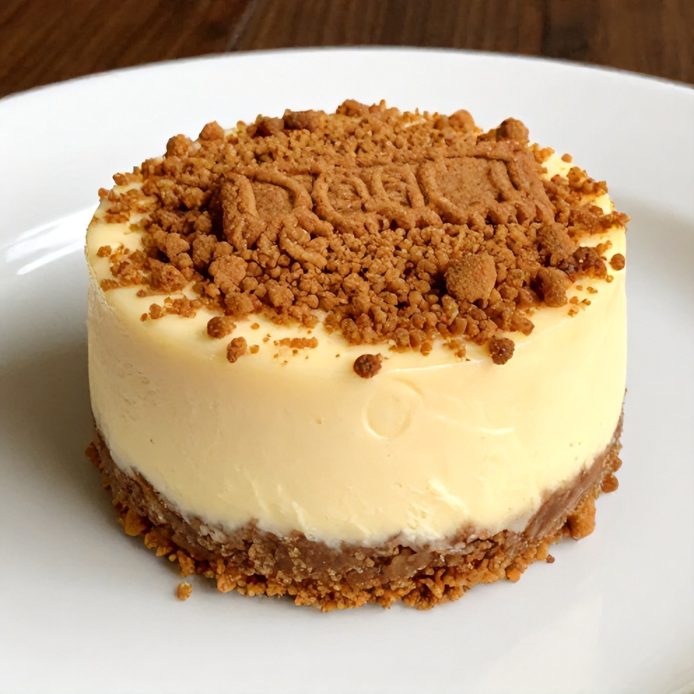 One perfect plated serving of No-Bake Biscoff Cheesecake Cups on a white plate, close crop, warm side lighting highlighting creamy cheesecake and crumbled Biscoff cookie topping, photorealistic food photography, no text, no watermark.
