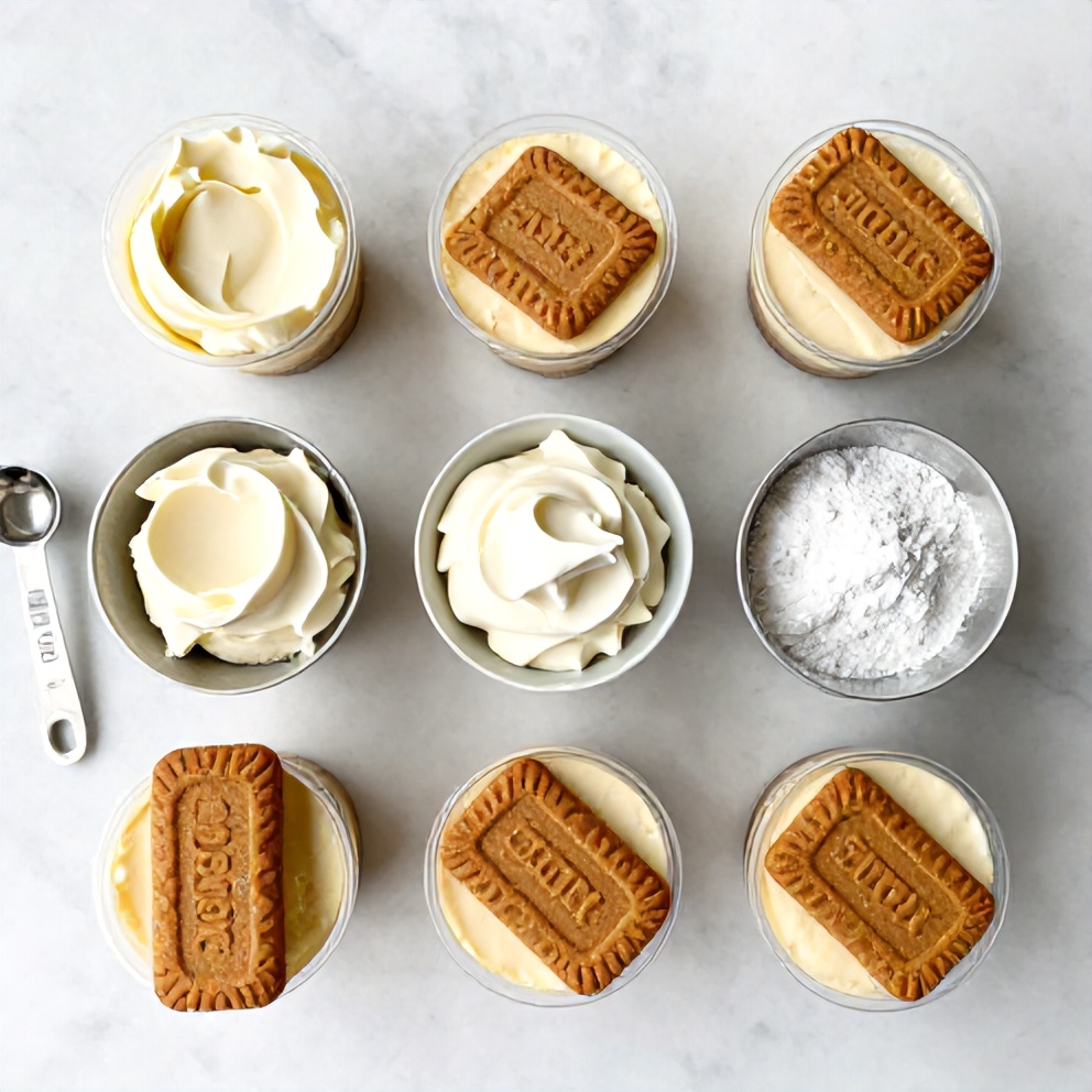 Raw ingredients for No-Bake Biscoff Cheesecake Cups arranged as an overhead flat lay, including Biscoff cookies, cream cheese, heavy cream, and powdered sugar, small prep bowls, measuring spoons, and measuring cups visible, white marble surface, bright even natural light, photorealistic overhead food photography, no text, no watermark.