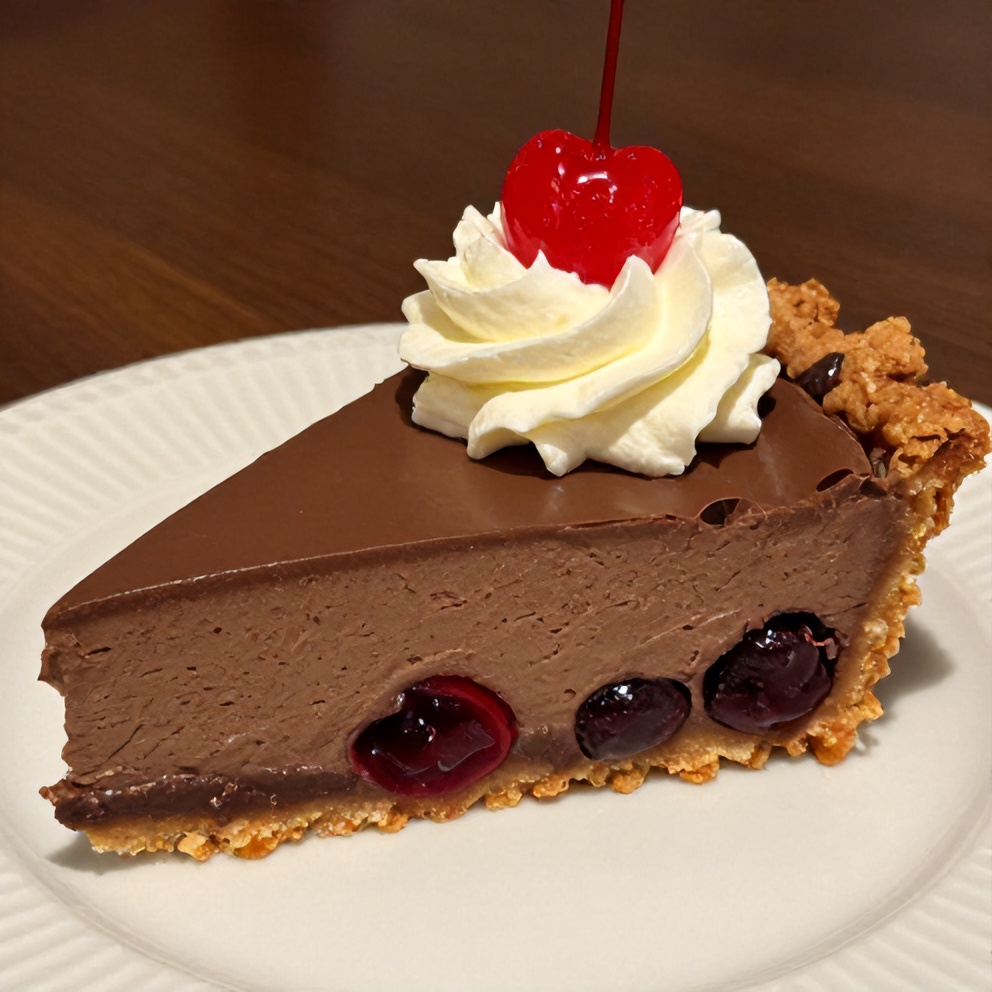 Sliced No-Bake Chocolate Cherry Cream Pie on a dessert plate