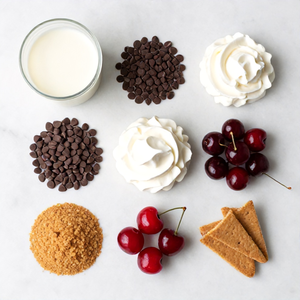 Raw ingredients for No-Bake Chocolate Cherry Cream Pie on a marble surface