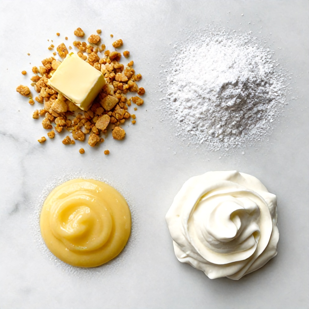 Graham cracker crumbs, butter, lemon curd, heavy cream, whipped cream, lemon slices