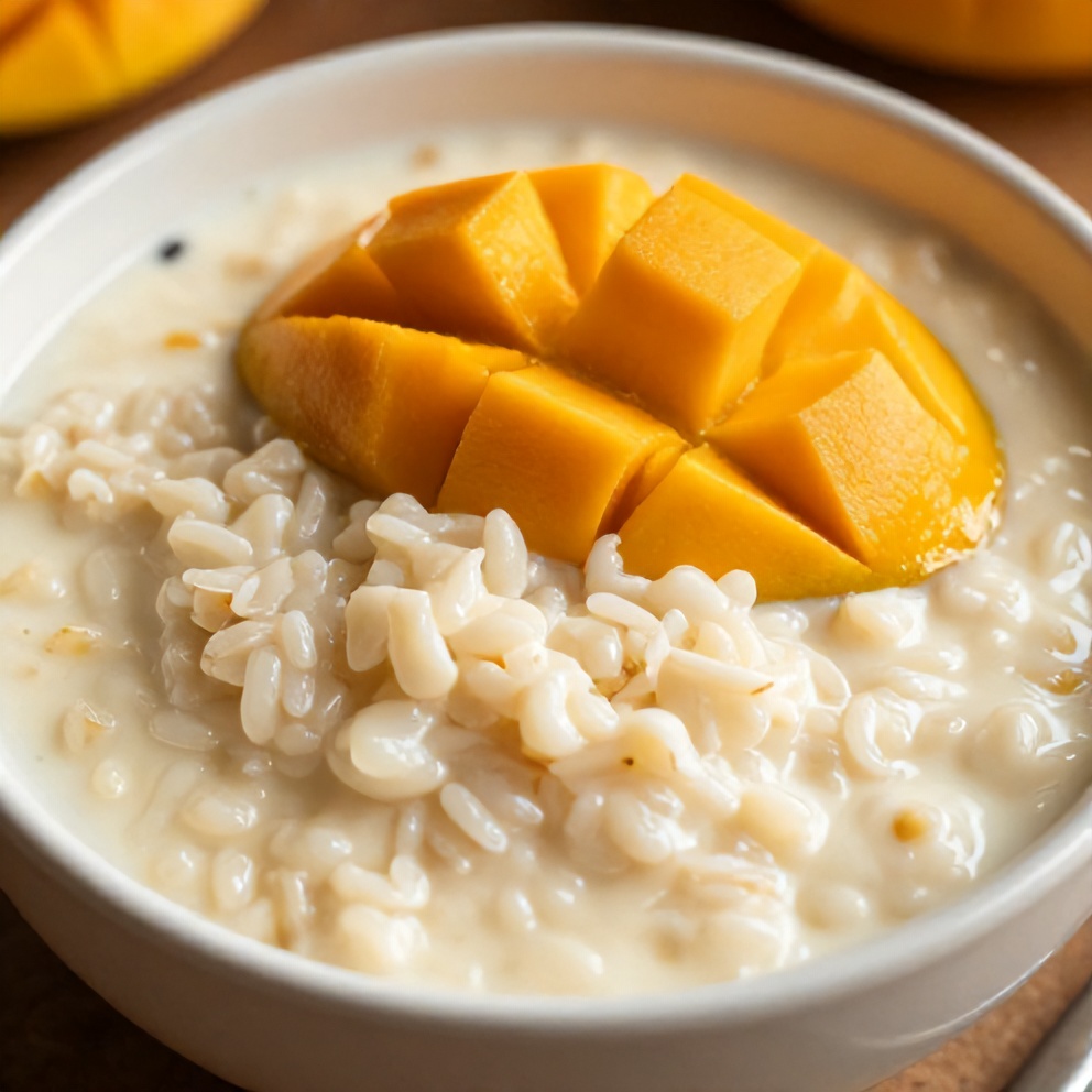 Perfectly set No-Bake Mango Coconut Rice Pudding with fresh mango slices