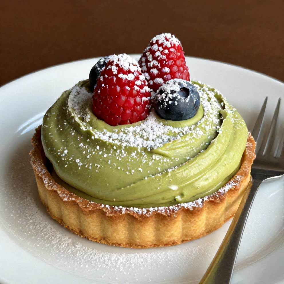 Easy No-Bake Matcha Coconut Cream Tart with a dusting of matcha powder and fresh berries