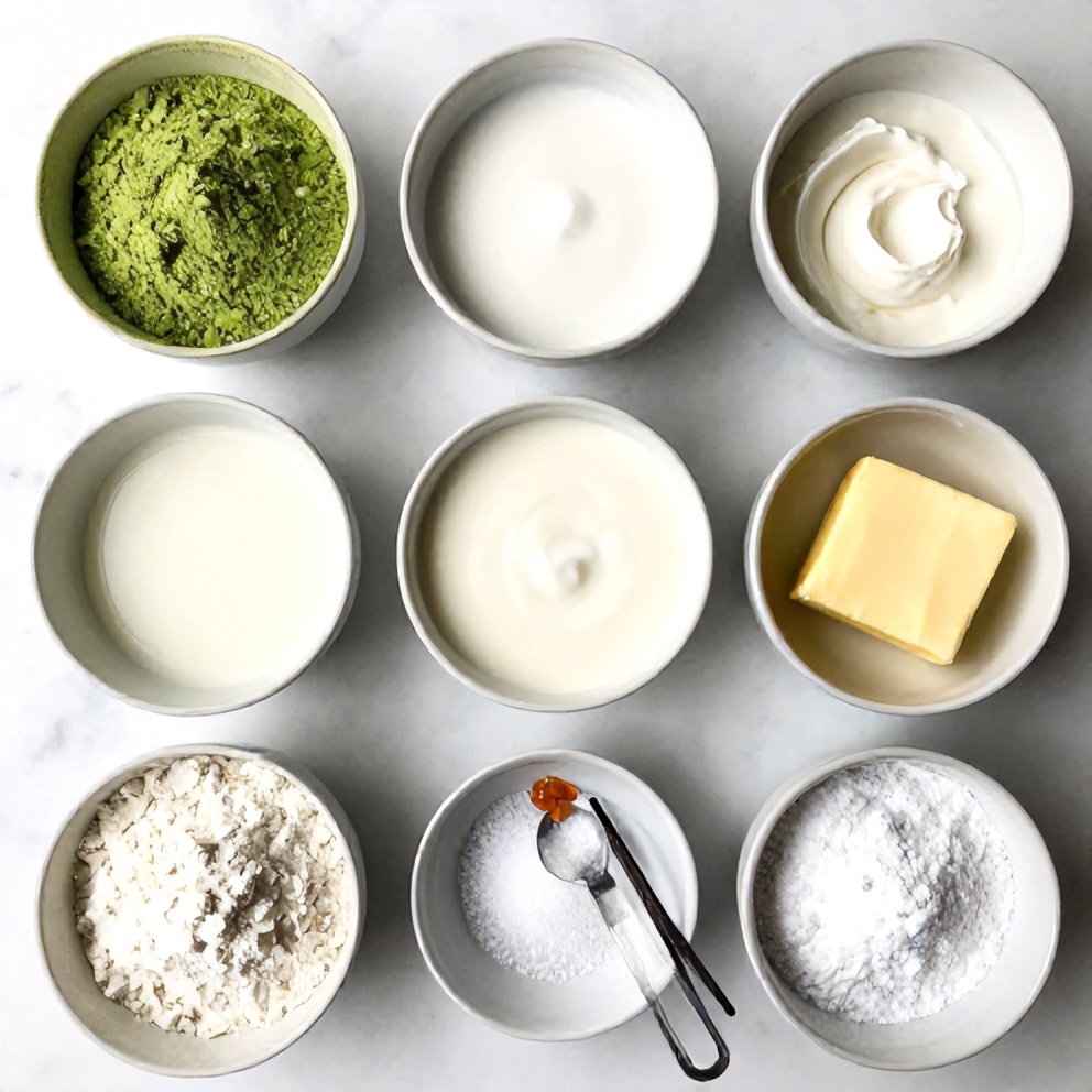 Raw ingredients for Easy No-Bake Matcha Coconut Cream Tart on a white marble surface