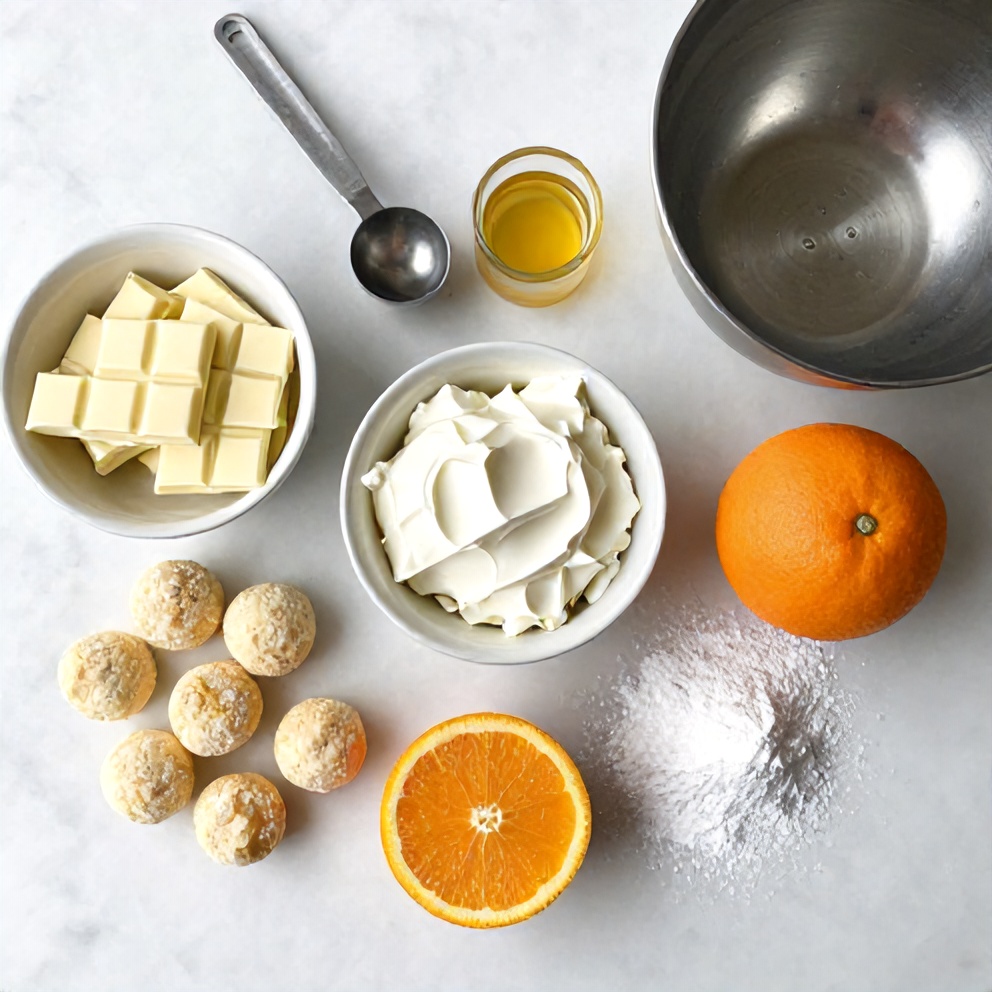 Ingredients for No Bake Orange Creamsicle Truffles on a marble counter