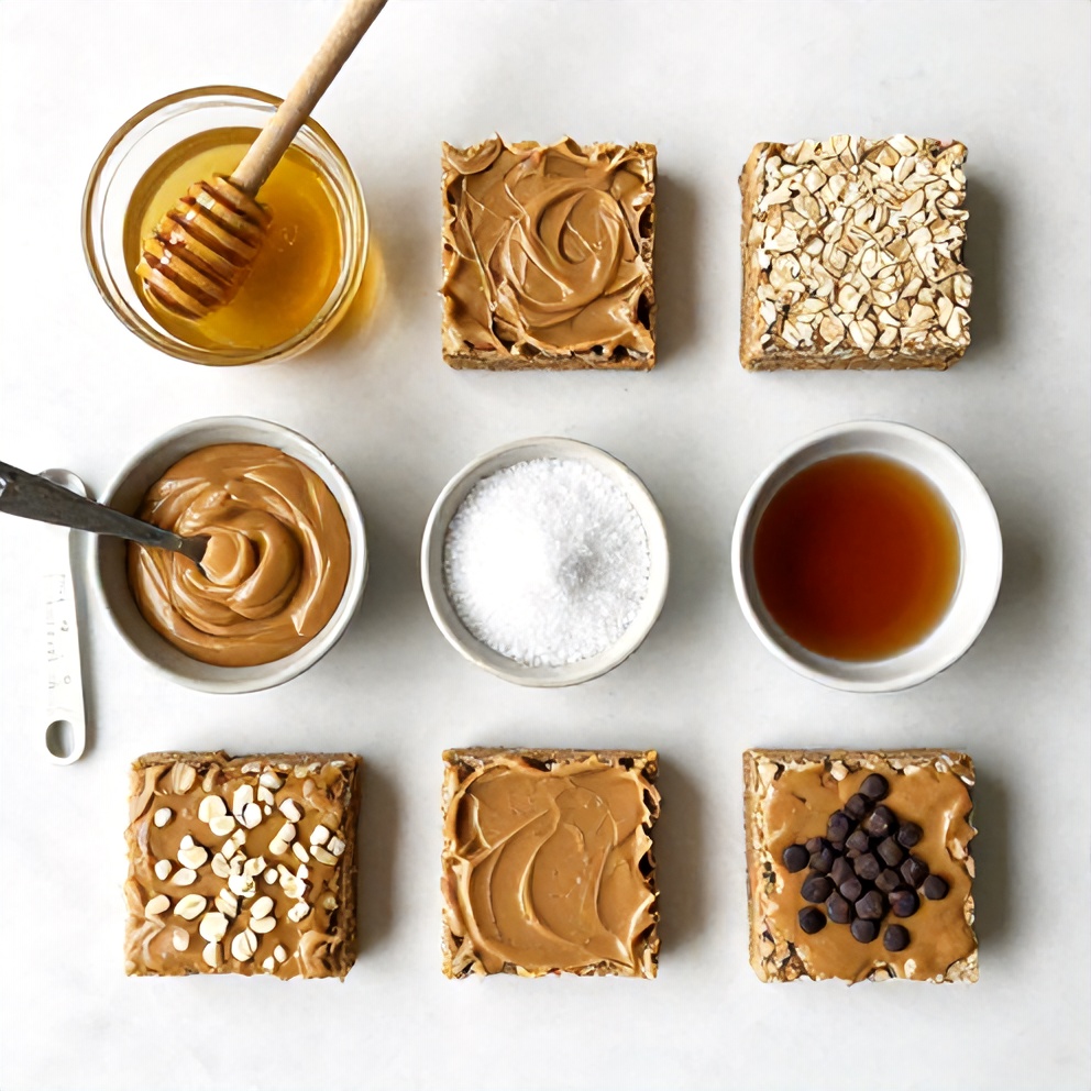 Ingredients for no-bake peanut butter oat bars on a marble surface