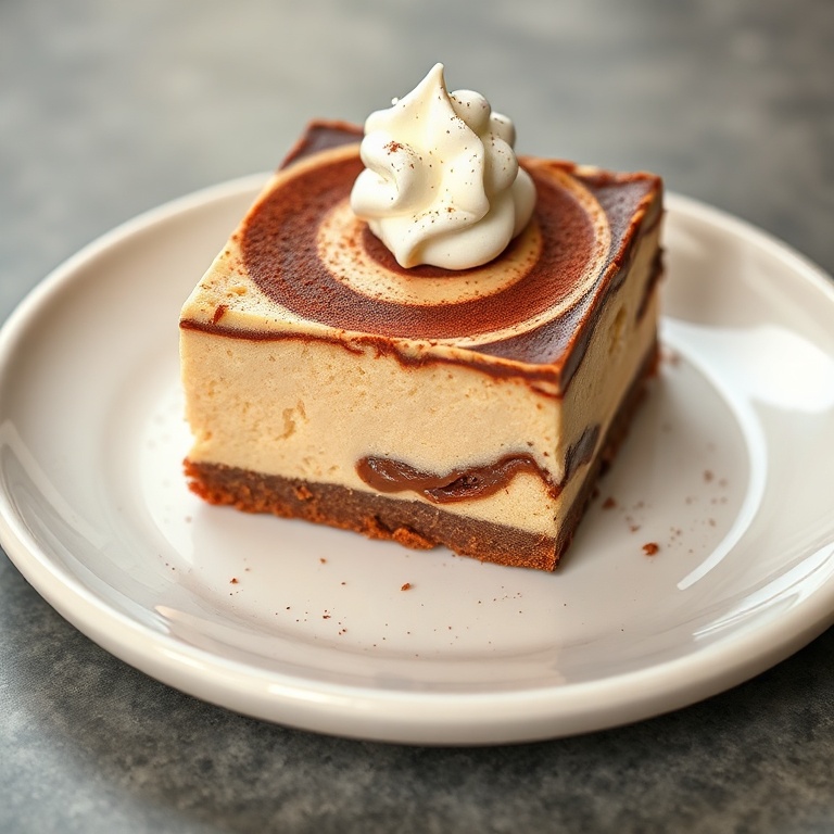 A single square of easy nutella cheesecake bar plated on a matte white ceramic plate garnished with a dollop of whipped cream and a light dusting of cocoa powder.