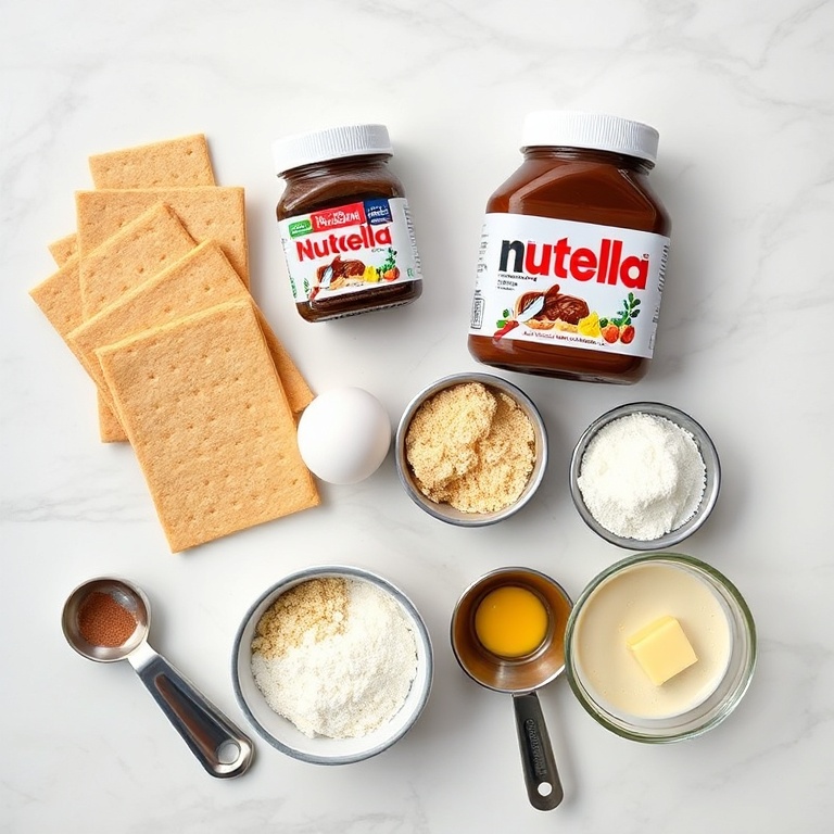 Overhead flat lay of graham cracker sheets, full-fat cream cheese blocks, Nutella jar, large eggs, granulated sugar, and vanilla extract on white marble with measuring cups and spoons.