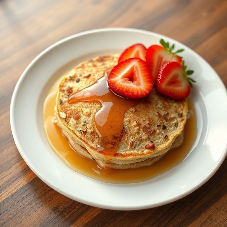 Single oatmeal pancake plated on white ceramic plate with real maple syrup drizzle and fresh sliced strawberries as garnish, warm side lighting highlighting crisp edge texture