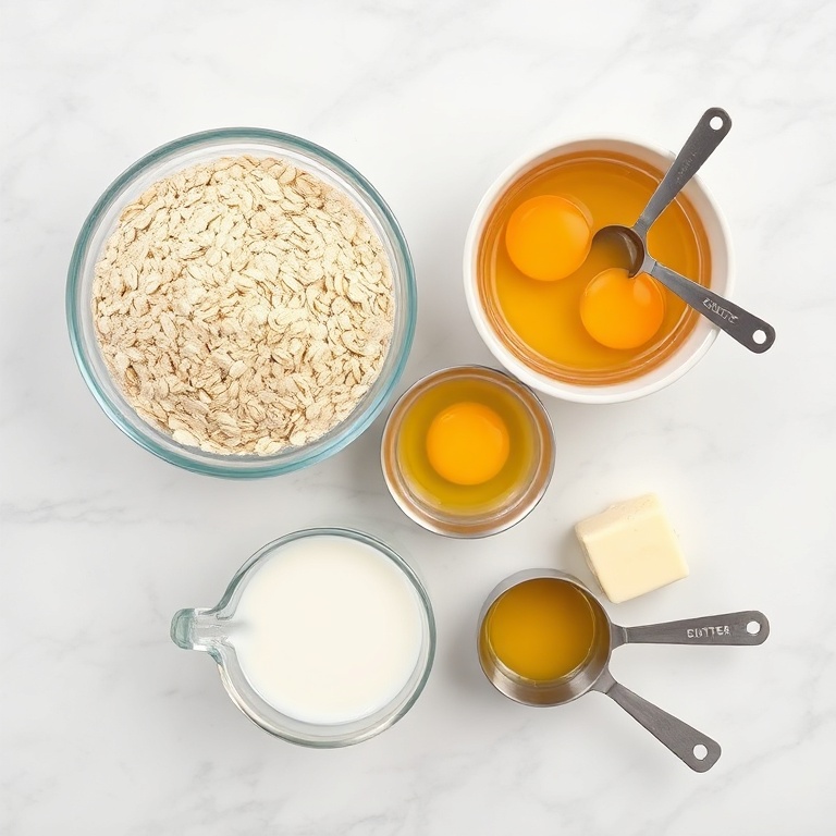 Overhead flat lay of rolled oats, whole milk, large eggs, all-purpose flour, and baking powder in small prep bowls with stainless steel measuring cups and spoons on white marble surface
