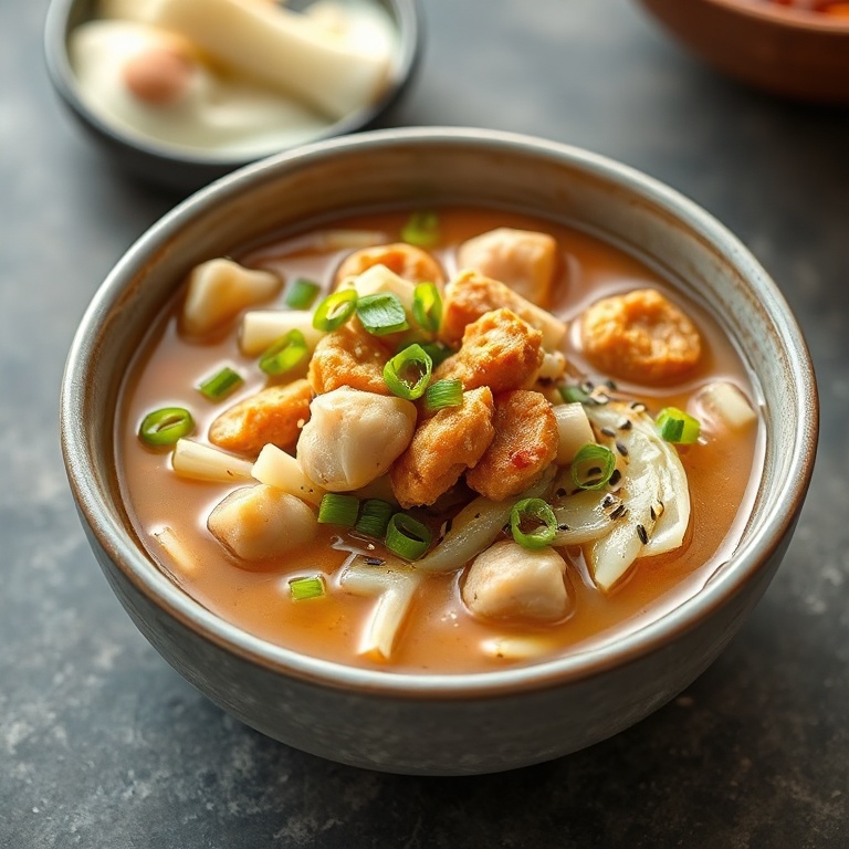 Close-up of steaming bowl of egg roll soup garnished with sliced green onions and sesame seeds on a gray ceramic bowl.