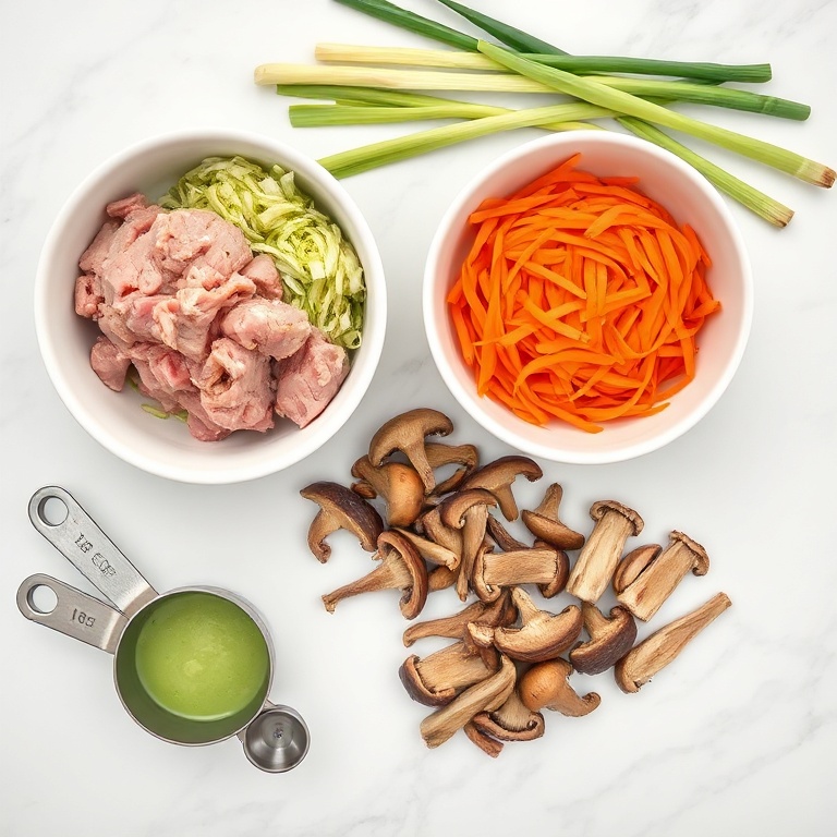 Overhead flat lay: ground pork, shredded cabbage, carrots, green onions, and dried shiitake mushrooms on white marble with measuring spoons and small prep bowls.