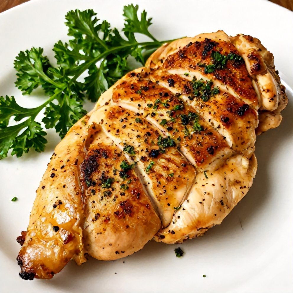 Plated lemon pepper chicken breast with fresh parsley garnish