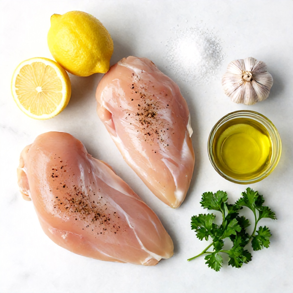 Raw ingredients for lemon pepper chicken: chicken breasts, lemon, pepper, garlic, olive oil, salt, and fresh parsley