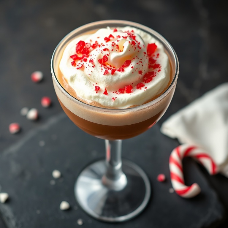 Finished easy peppermint mocha cocktail in a chilled martini glass topped with whipped cream and crushed candy cane, on a dark slate surface.