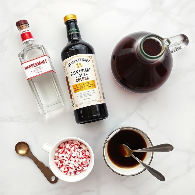 Overhead flat lay of peppermint schnapps, dark chocolate liqueur, cold brew coffee, heavy cream, and crushed candy cane on white marble with measuring tools.