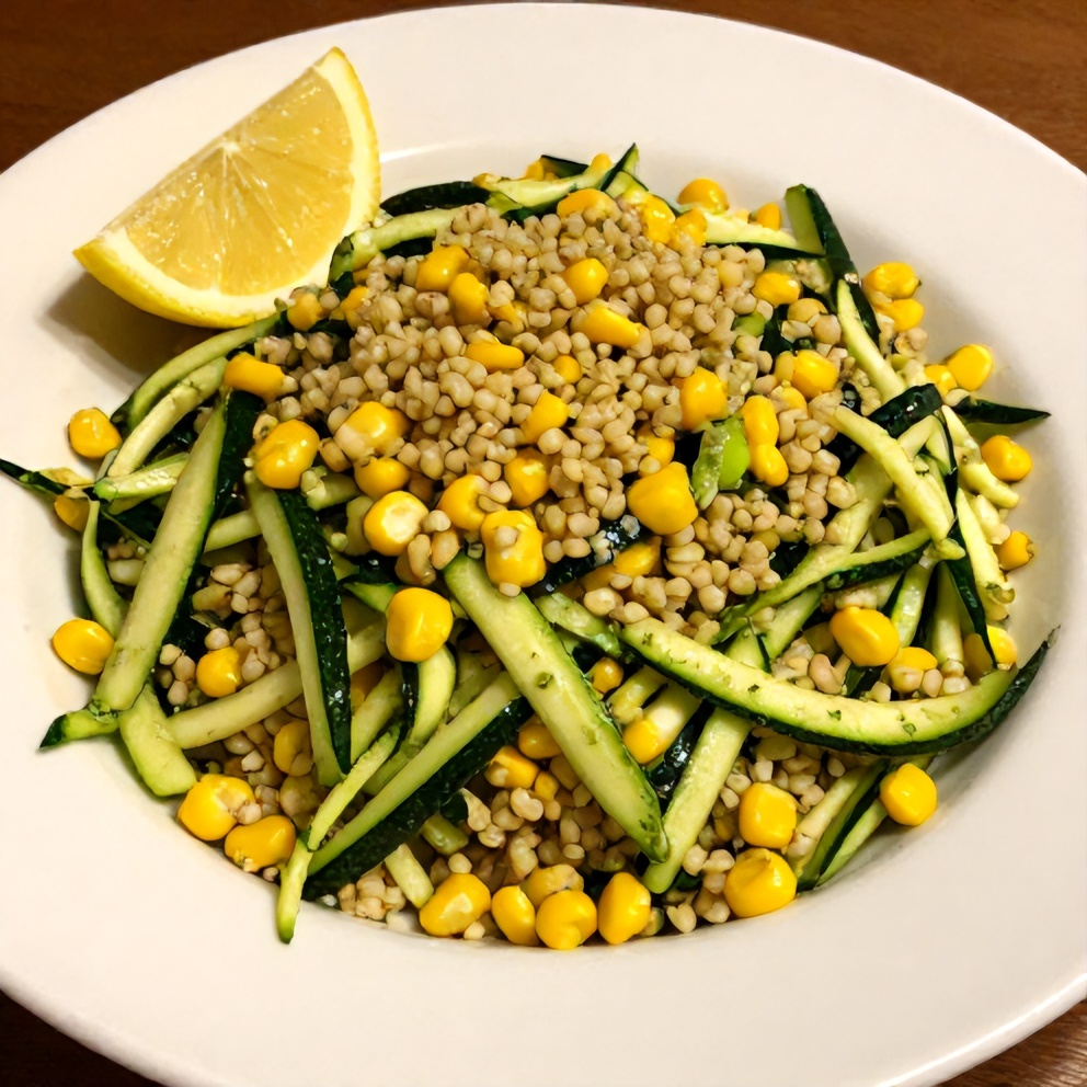 Pesto Zucchini Corn Quinoa Salad plated with a lemon wedge