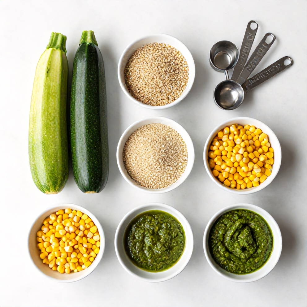 Raw ingredients for Pesto Zucchini Corn Quinoa Salad on a marble surface