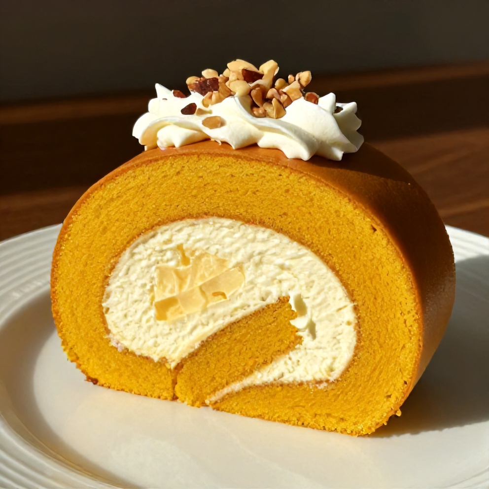 Pumpkin roll slice on a white plate, warm side lighting